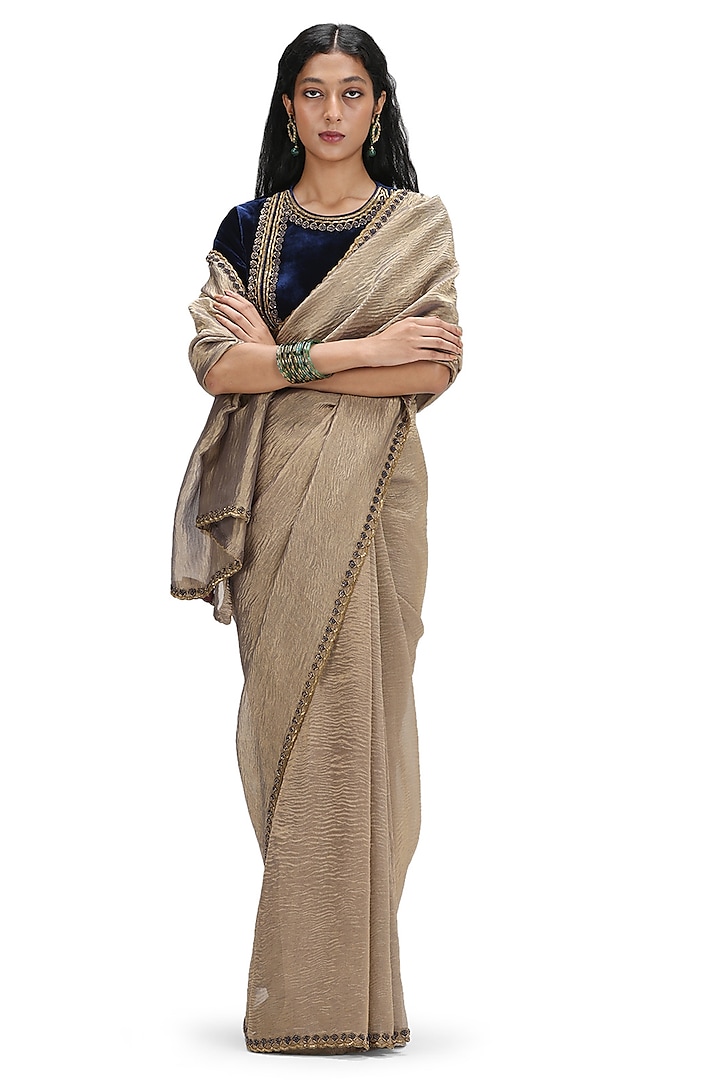 Metallic Grey Crushed Tissue Woven Embroidered Saree by Mimamsaa at Pernia's Pop Up Shop