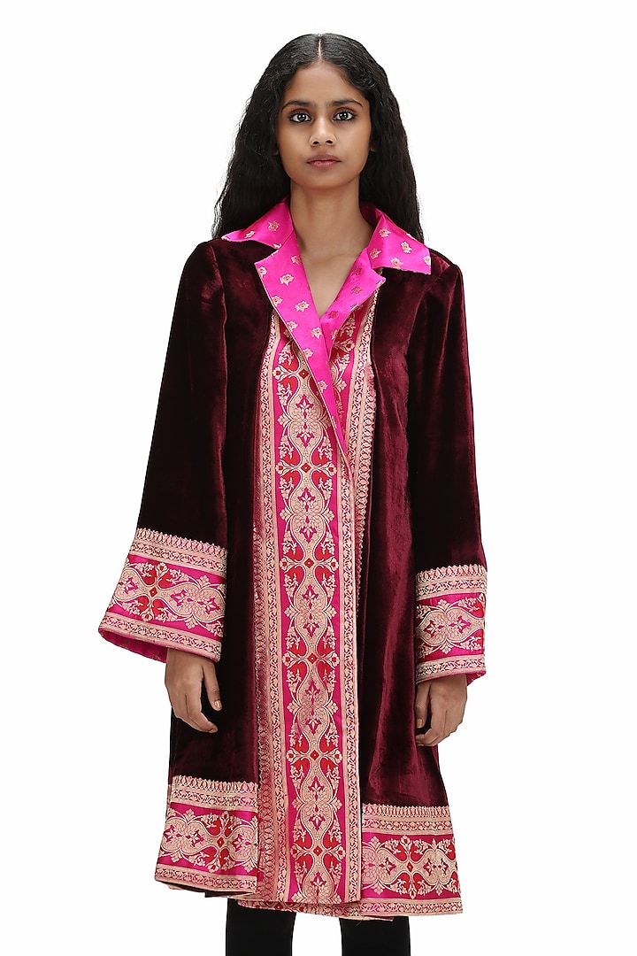 Garnet Velvet Embroidered Woven Jacket by Mimamsaa at Pernia's Pop Up Shop