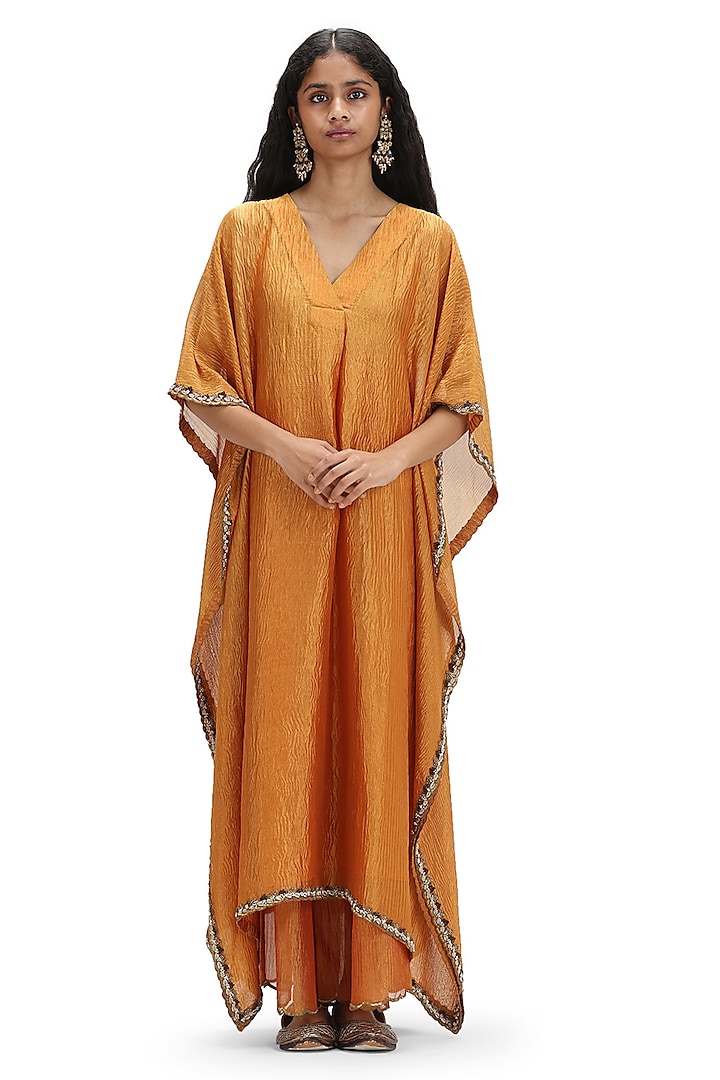 Rust Crushed Tissue Embroidered Woven Kaftan Set by Mimamsaa at Pernia's Pop Up Shop