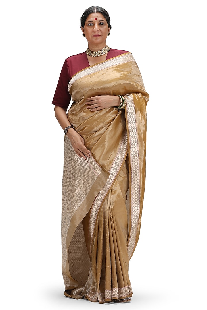 Bronze Satin Silk Embroidered Woven Saree Set by Mimamsaa at Pernia's Pop Up Shop