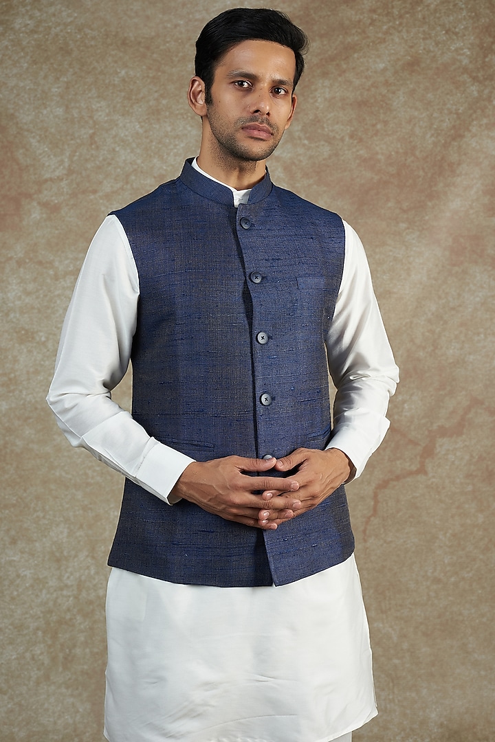 Blue Jacquard Bundi Jacket by Minaki Men