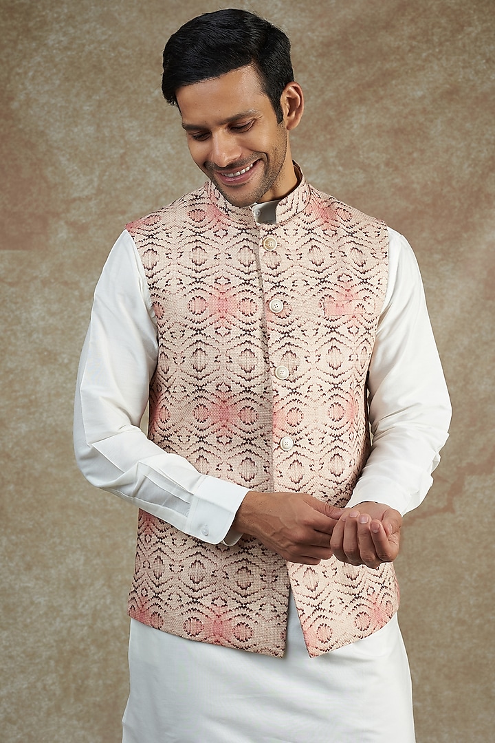 Peach Linen Printed Bundi Jacket by Minaki Men at Pernia's Pop Up Shop