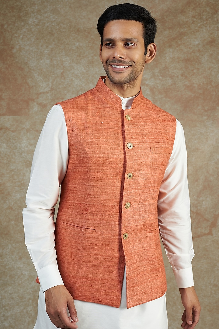 Orange Cotton Silk Bundi Jacket by Minaki Men