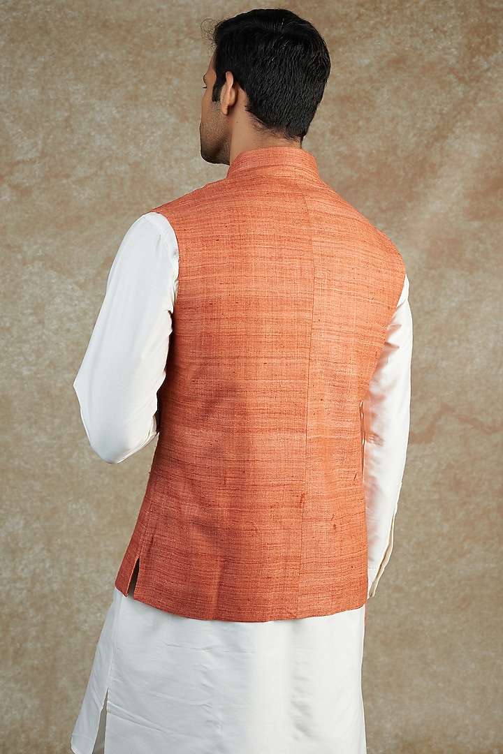 Orange Cotton Silk Bundi Jacket by Minaki Men at Pernia's Pop Up Shop