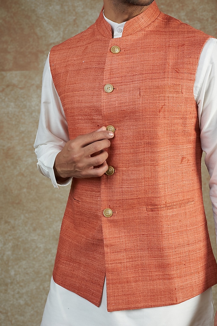 Orange Cotton Silk Bundi Jacket by Minaki Men at Pernia's Pop Up Shop