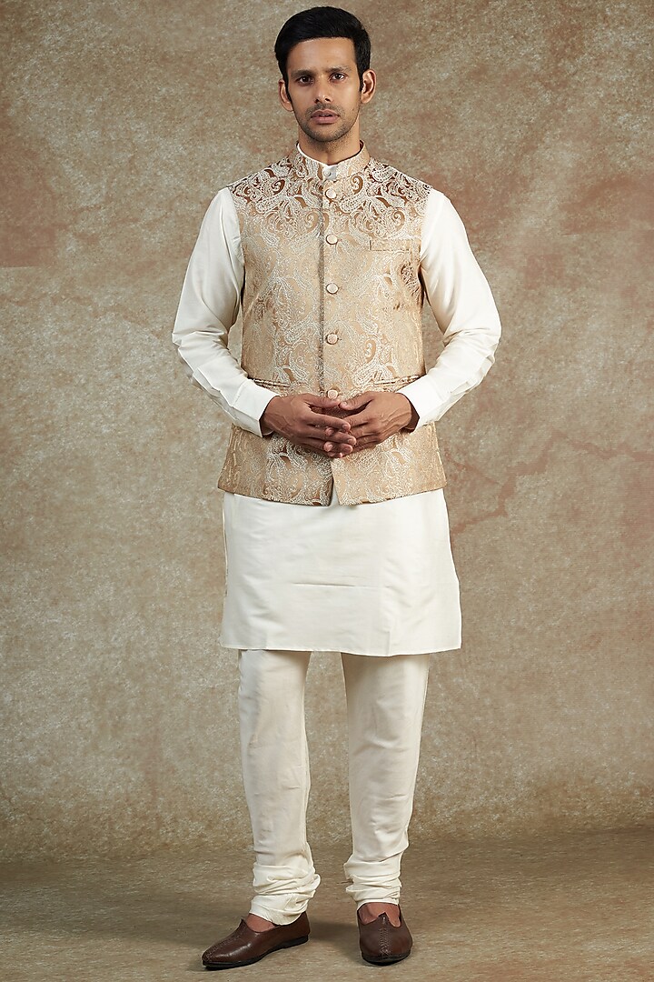 Gold Jacquard Silk Bundi Jacket Set by Minaki Men at Pernia's Pop Up Shop