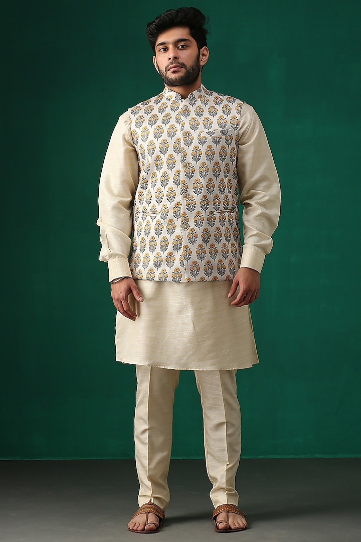 Light Yellow Printed Bundi Jacket by Minaki Men