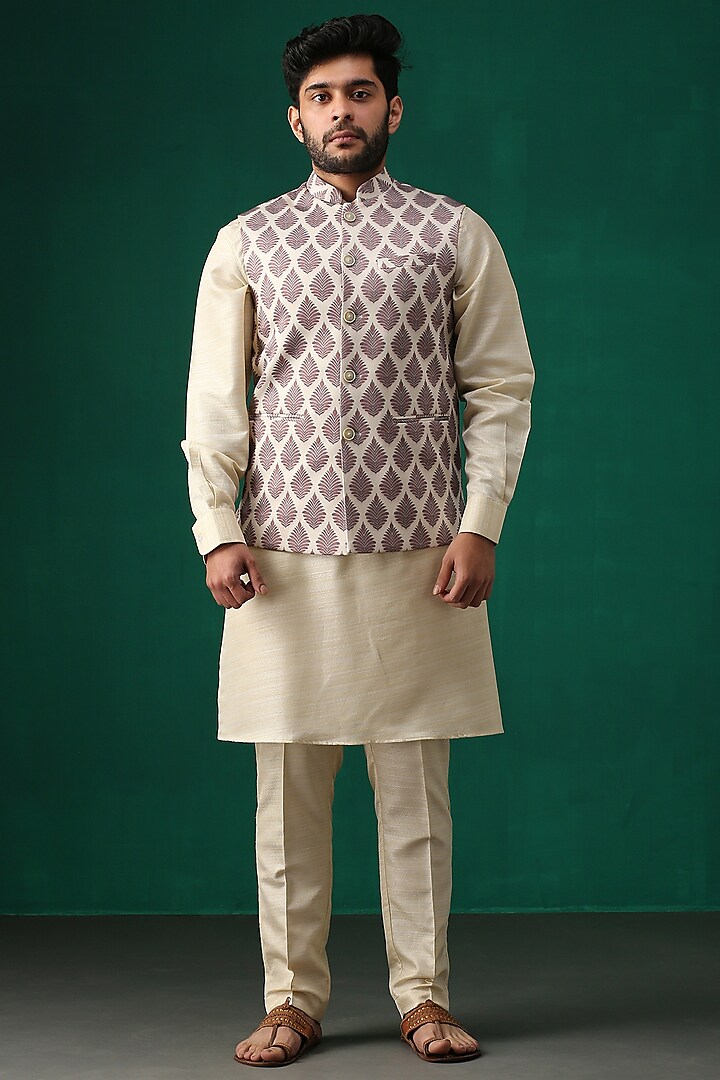 Brown Printed Bundi Jacket by Minaki Men