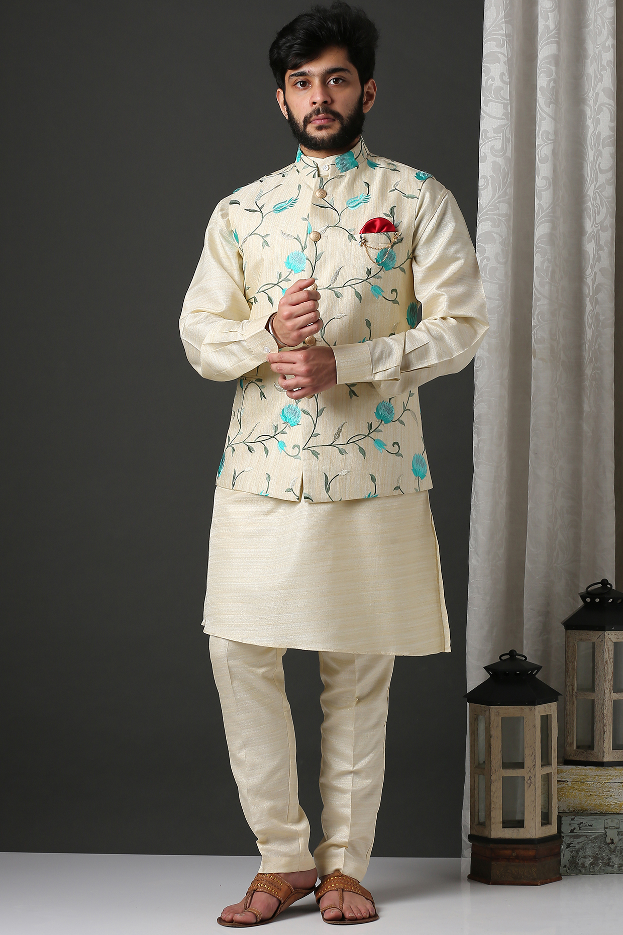 Fawn Bundi Jacket With Kurta Set by Minaki Men