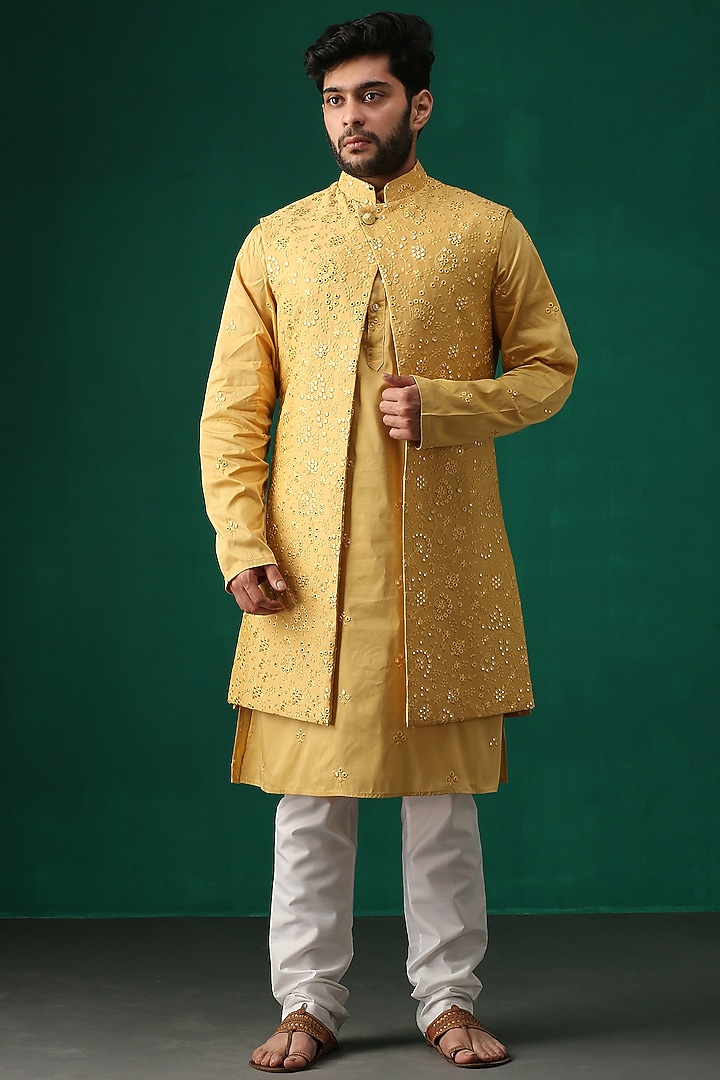 Mustard Bundi Jacket With Kurta Set by Minaki Men at Pernia's Pop Up Shop