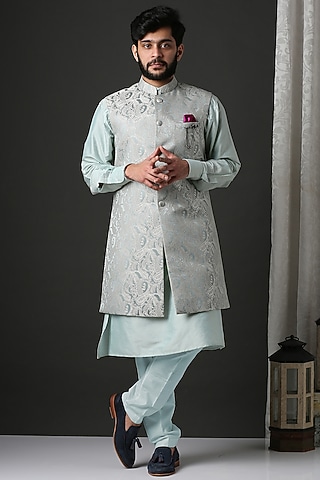 Ice Blue Poly Silk Machine Embroidered Indowestern Set by Minaki Men
