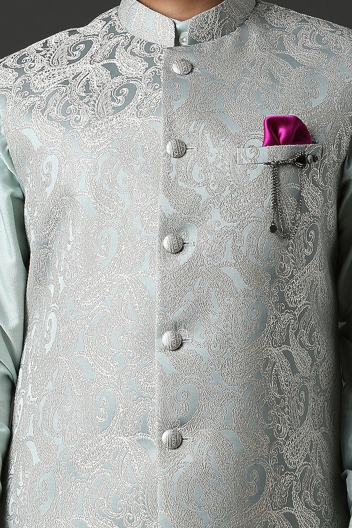 Ice Blue Poly Silk Machine Embroidered Indowestern Set by Minaki Men at Pernia's Pop Up Shop