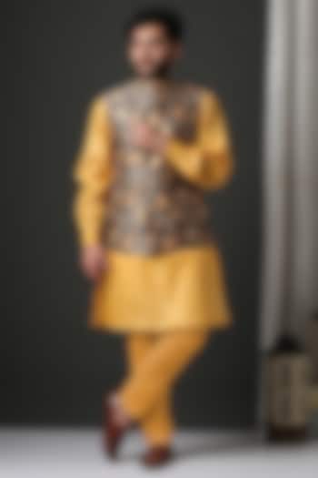 Yellow Kurta Set With Floral Nehru Jacket by Minaki Men