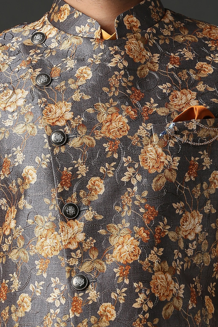 Yellow Kurta Set With Floral Nehru Jacket by Minaki Men at Pernia's Pop Up Shop