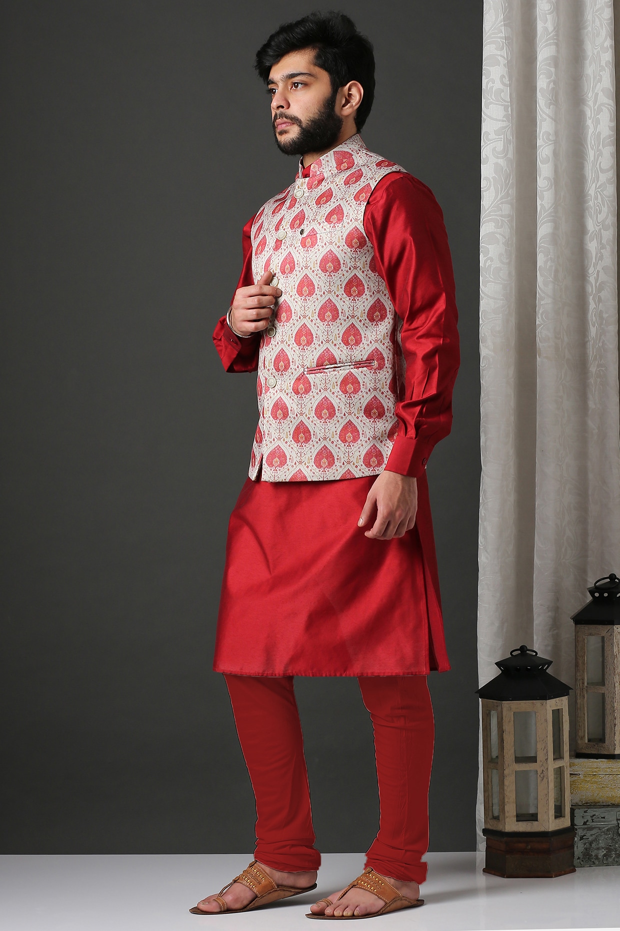 Buy online Red Dupion Kurta Pyjama Set With Nehru Jacket from Clothing for  Men by Benstoke for ₹1999 at 60% off | 2024 Limeroad.com