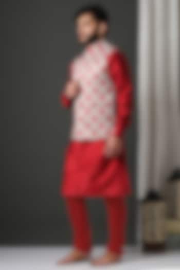 Red Kurta Set With Printed Nehru Jacket by Minaki Men at Pernia's Pop Up Shop