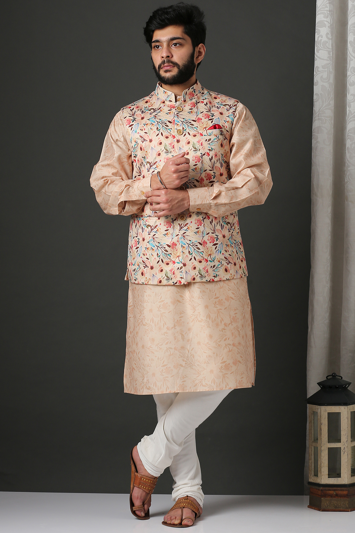 Peach Kurta Set With Printed Bundi Jacket by Minaki Men at Pernia's Pop Up Shop
