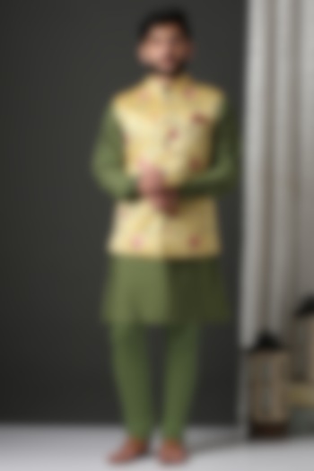 Yellow Embroidered Nehru Jacket With Kurta Set by Minaki Men at Pernia's Pop Up Shop