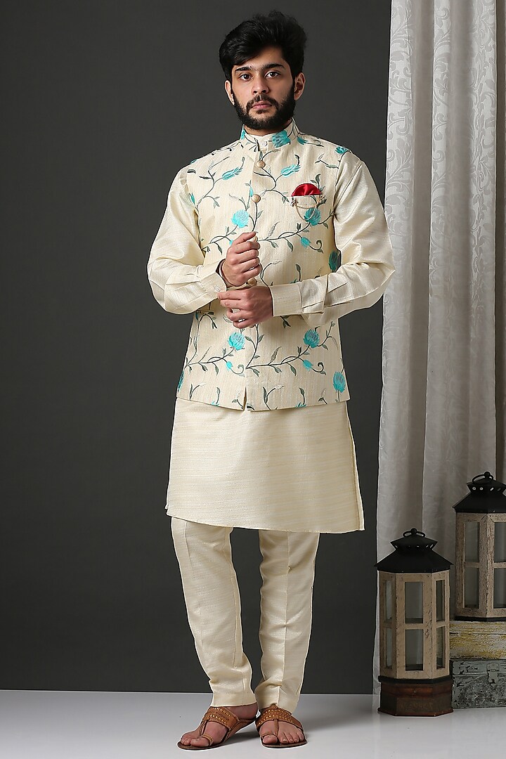 Fawn Floral Embroidered Nehru Jacket With Kurta Set by Minaki Men