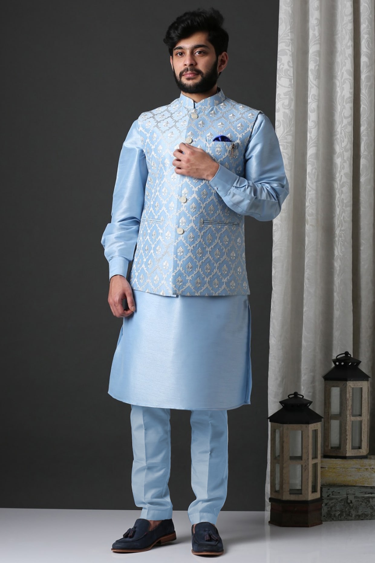 Buy Indigo Blue Ikat Inspired Kurta Jacket Set Online in the USA @Manyavar  - Kurta Jacket Set for Men