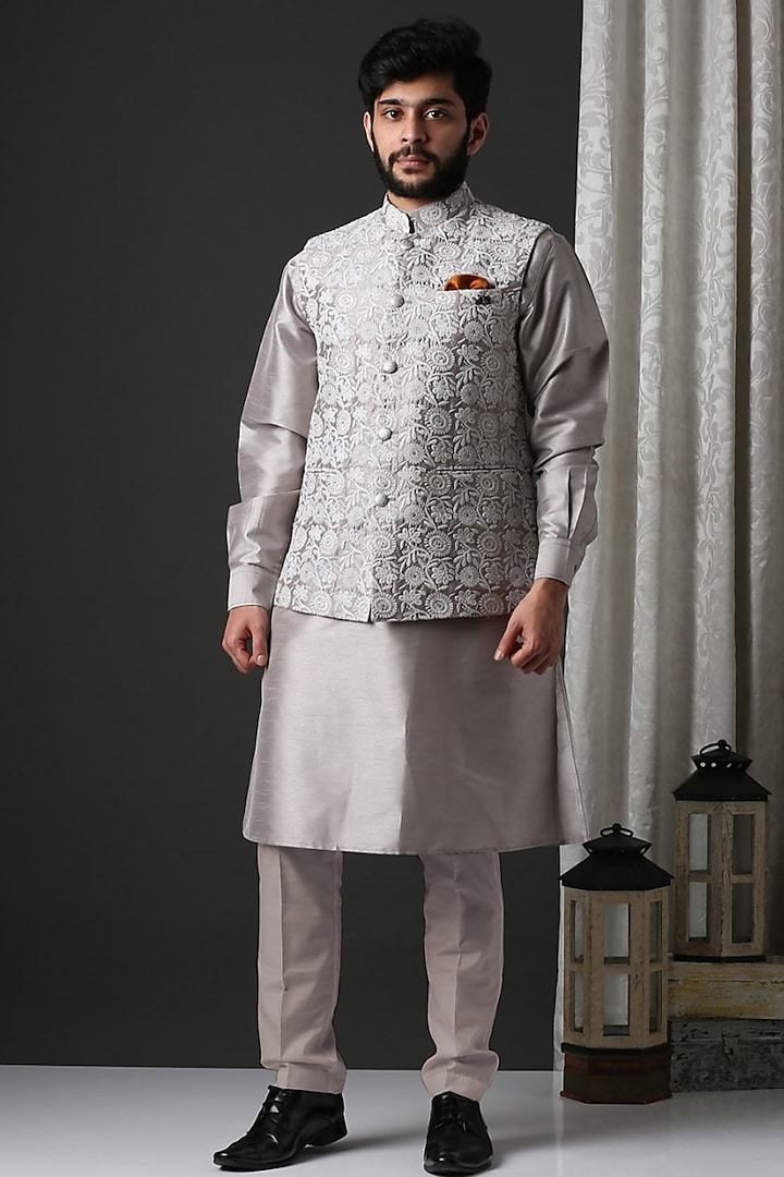 Grey Kurta Set With Embroidered Nehru Jacket by Minaki Men