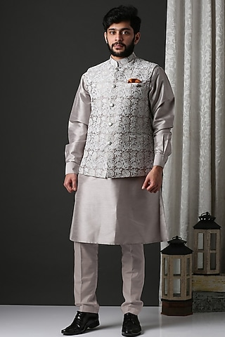 Grey Kurta Set With Embroidered Nehru Jacket by Minaki Men