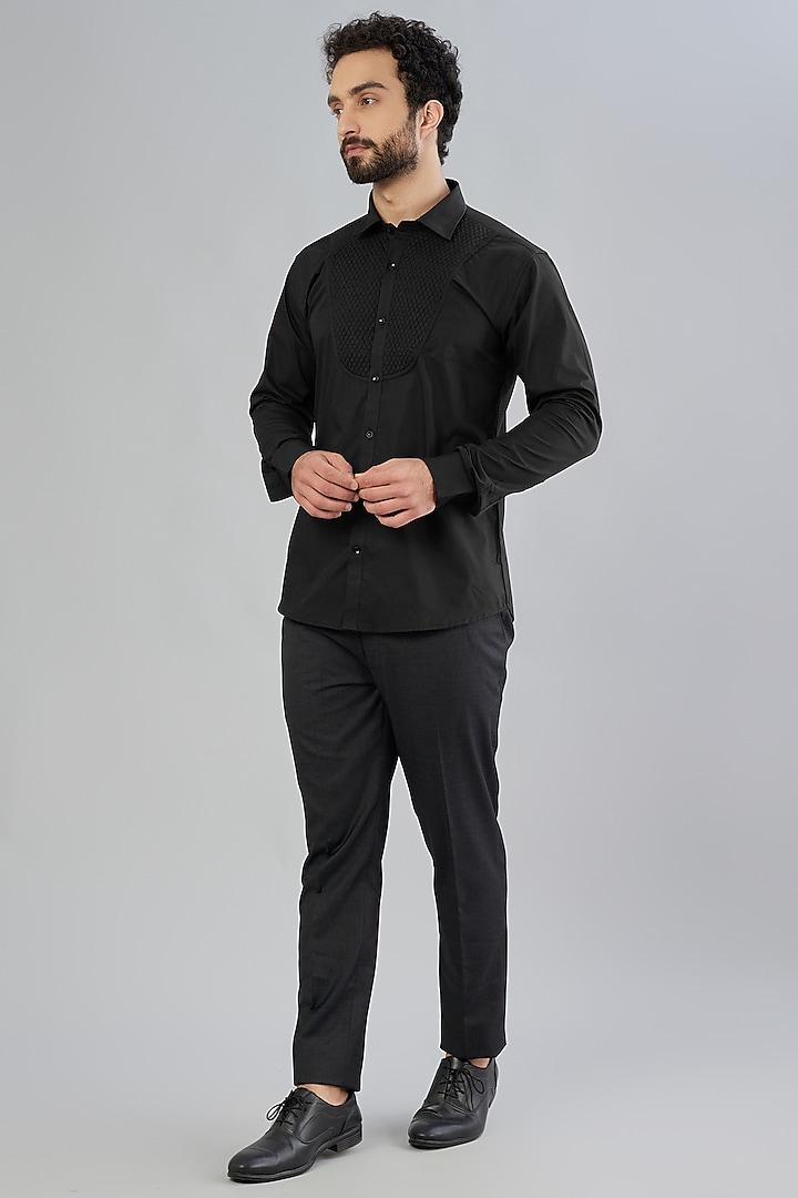 Black Cotton Tuxedo Shirt Design by Minaki Men at Pernia's Pop Up Shop 2024