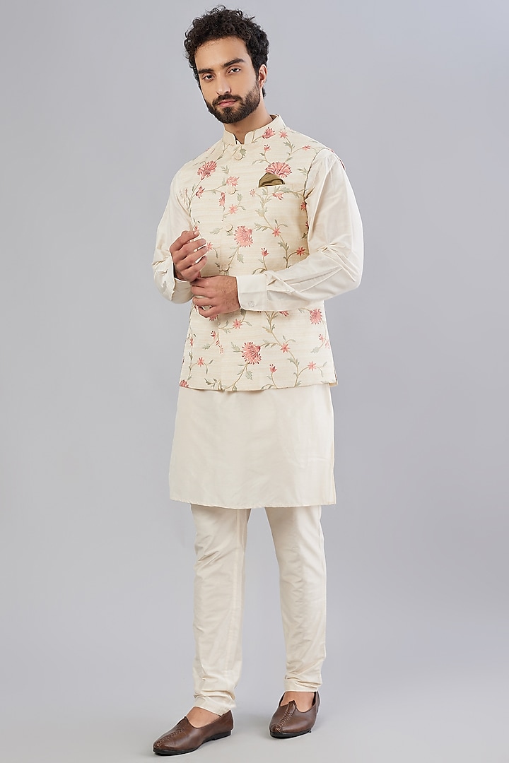 Off-White Embroidered Bundi Jacket With Kurta Set by Minaki Men