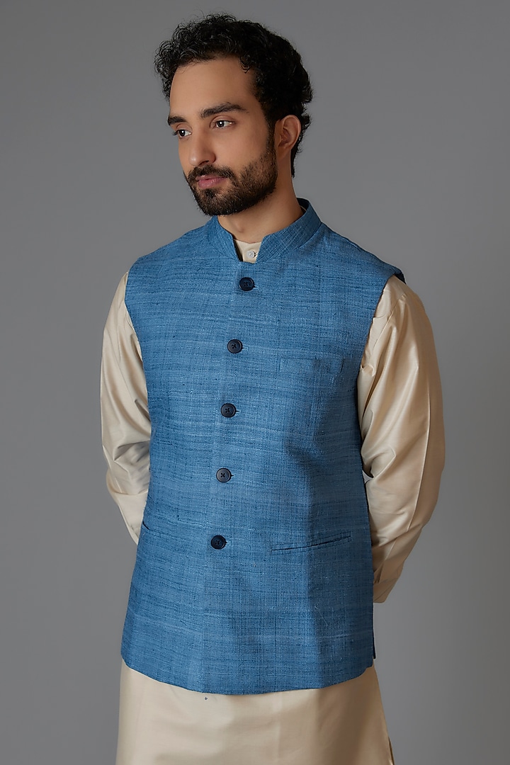 Blue Cotton Silk Bundi Jacket by Minaki Men at Pernia's Pop Up Shop