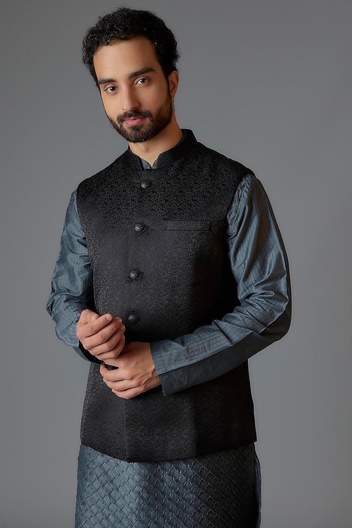 Black Silk Jacquard Bundi Jacket by Minaki Men