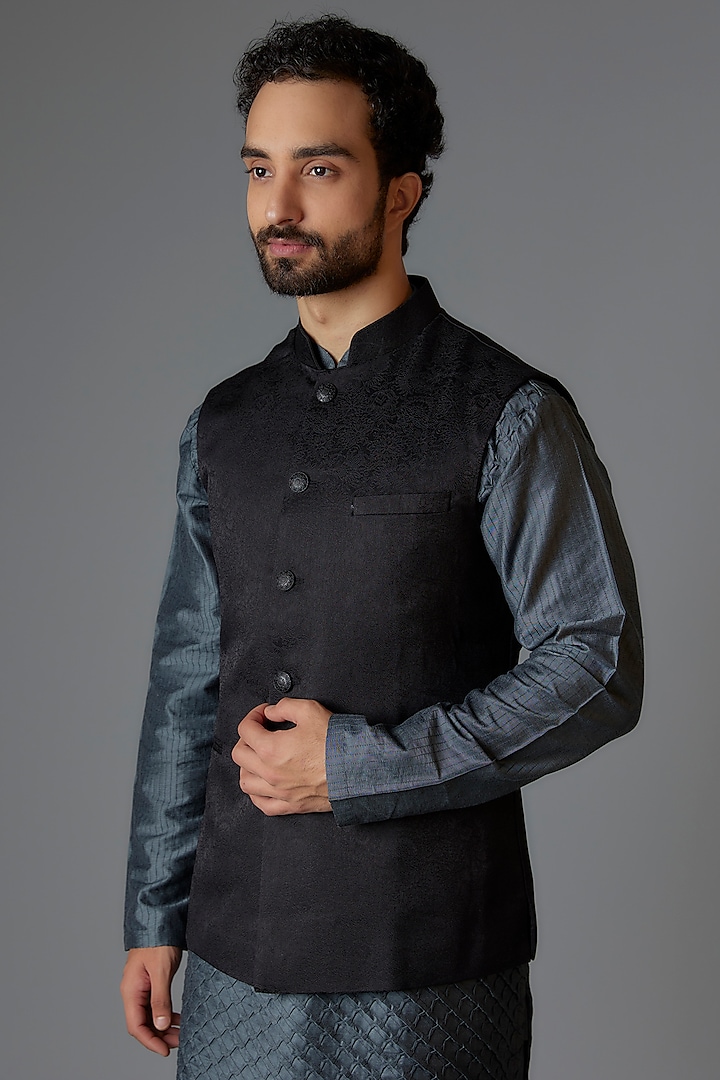 Black Silk Jacquard Bundi Jacket by Minaki Men