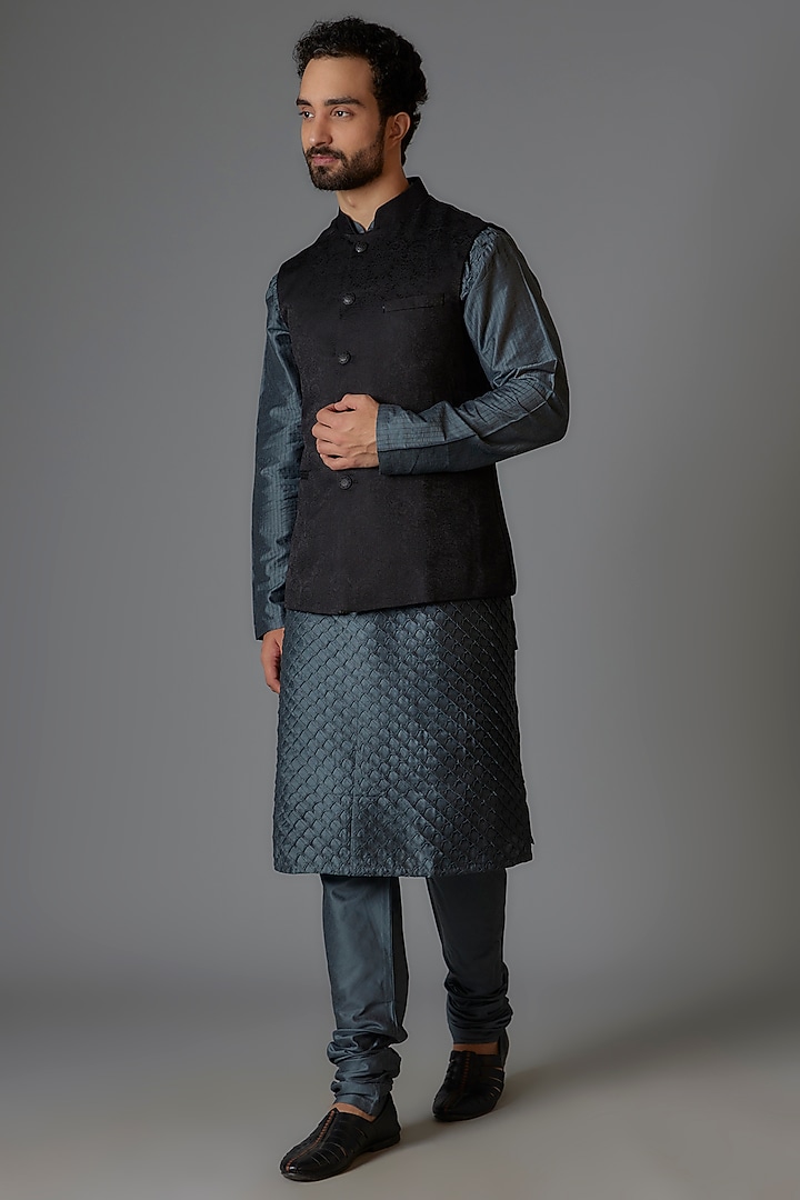Black Silk Jacquard Bundi Jacket by Minaki Men at Pernia's Pop Up Shop