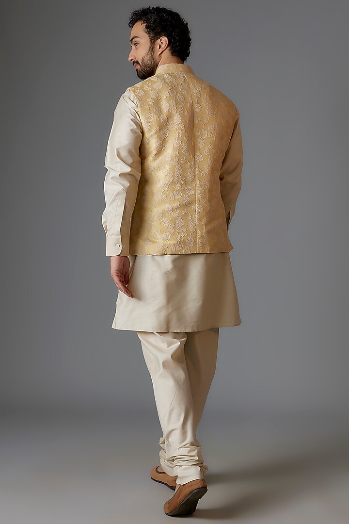 Gold Silk Jacquard Bundi Jacket Set by Minaki Men at Pernia's Pop Up Shop