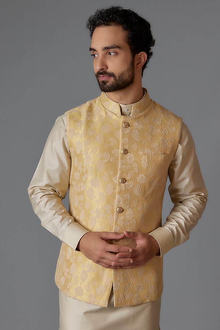 Gold Silk Jacquard Bundi Jacket Set by Minaki Men at Pernia's Pop Up Shop