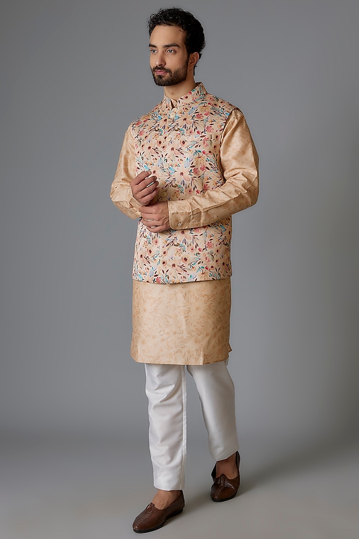 Peach Poly Silk Digital Printed Bundi Jacket Set by Minaki Men at Pernia's Pop Up Shop