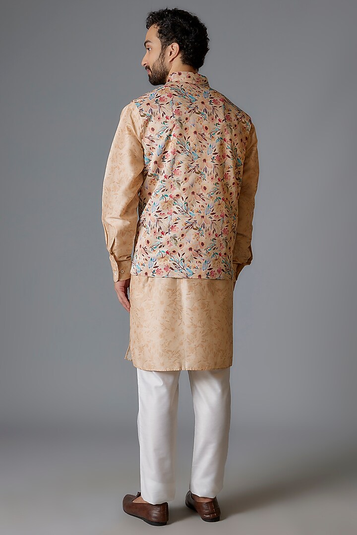 Peach Poly Silk Digital Printed Bundi Jacket Set by Minaki Men at Pernia's Pop Up Shop