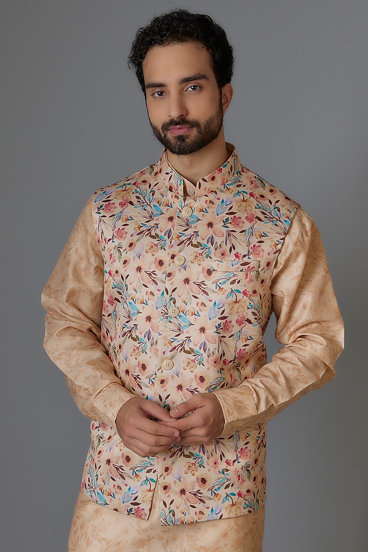 Peach Poly Silk Digital Printed Bundi Jacket Set by Minaki Men at Pernia's Pop Up Shop