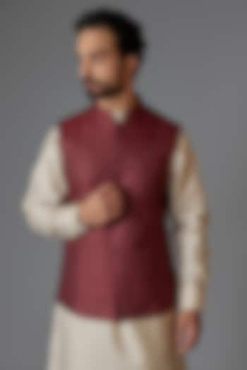 Maroon Cotton Silk Bundi Jacket by Minaki Men