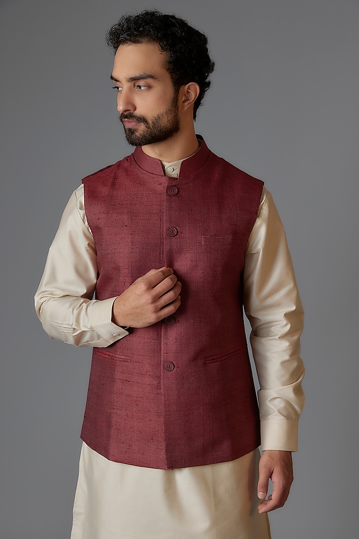 Maroon Cotton Silk Bundi Jacket by Minaki Men