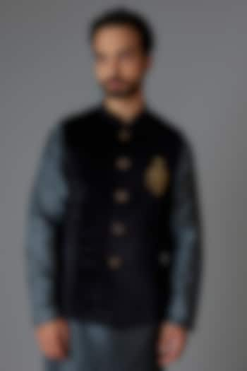 Black Velvet Hand Embroidered Bundi Jacket by Minaki Men at Pernia's Pop Up Shop