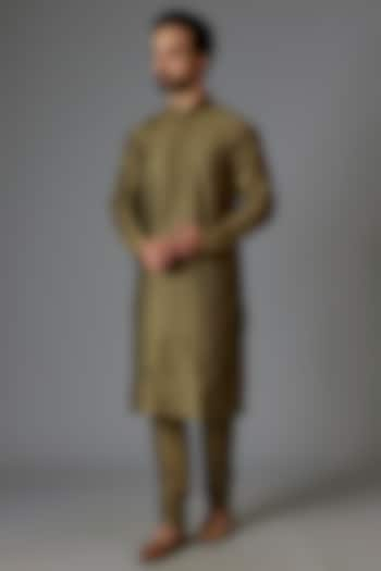 Mehendi Green Silk Blend Pintuck Kurta Set by Minaki Men