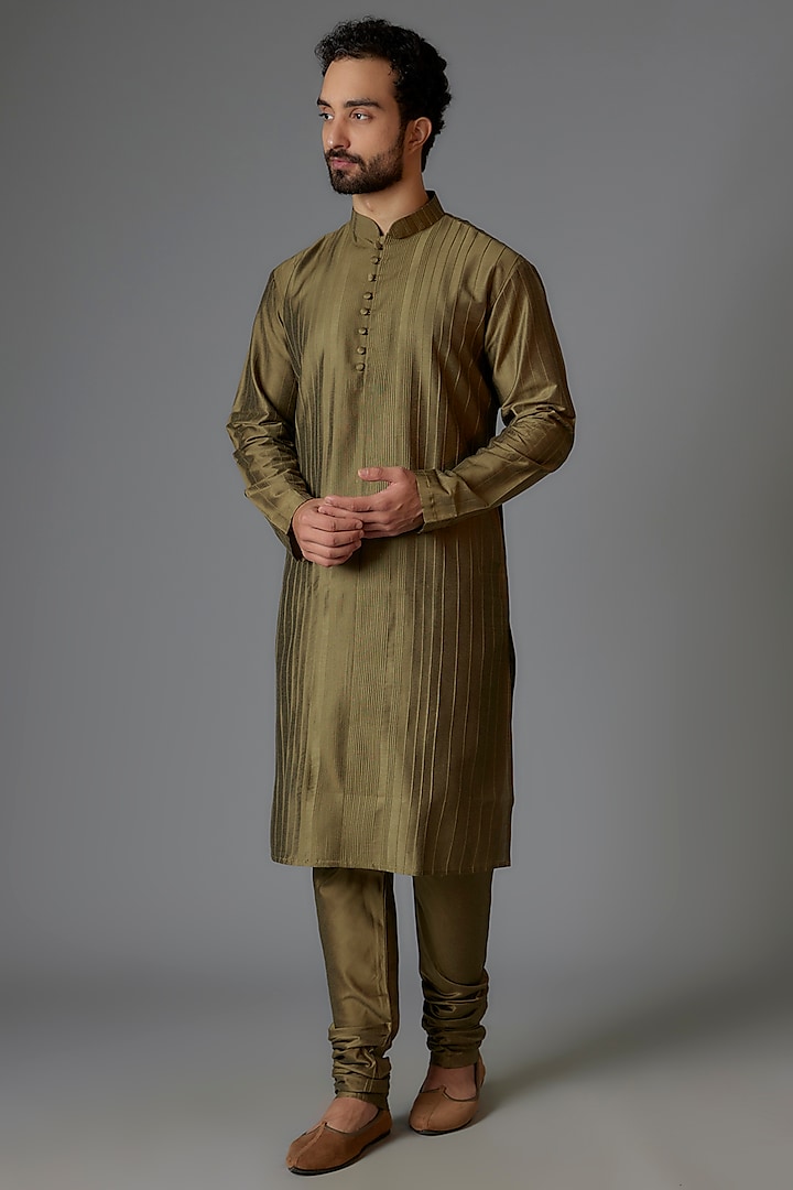 Mehendi Green Silk Blend Pintuck Kurta Set by Minaki Men