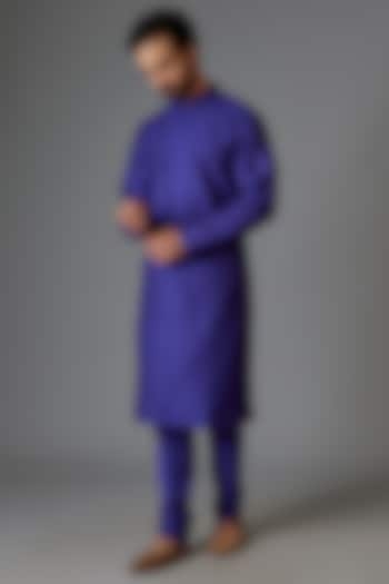 Blue Silk Blend Pintuck Kurta Set by Minaki Men