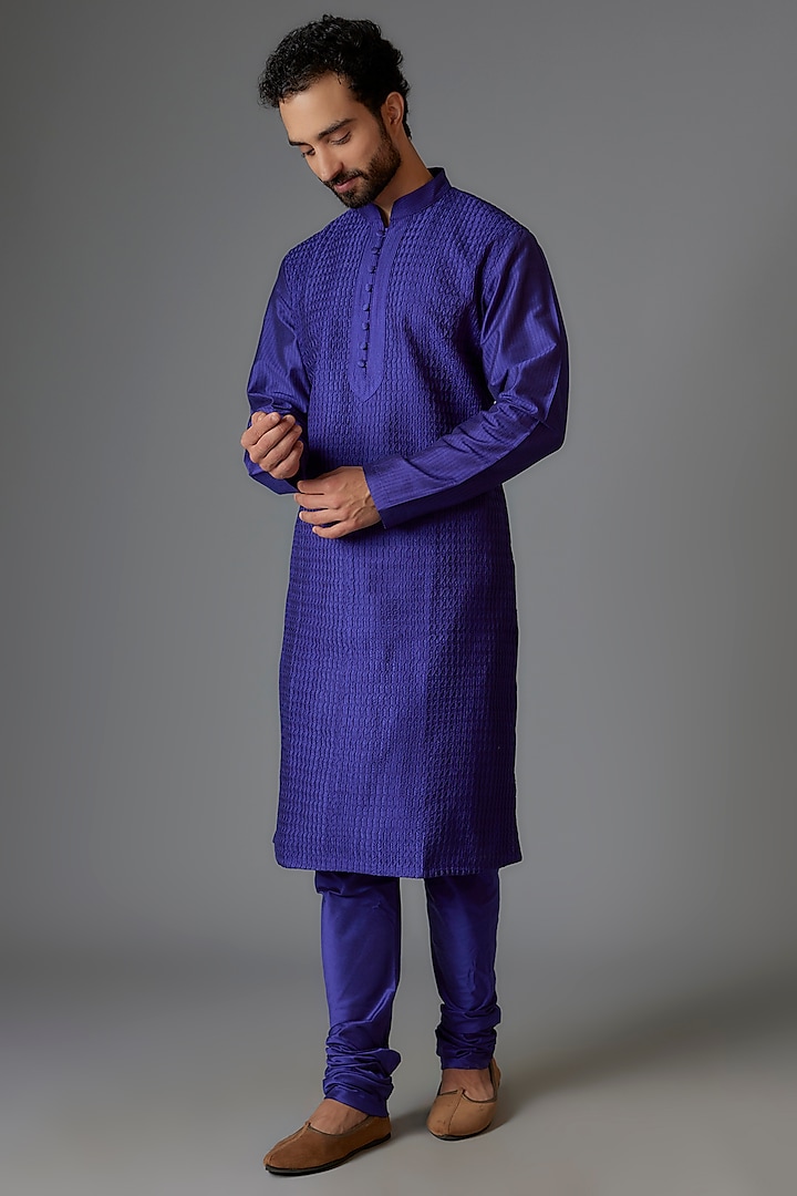 Blue Silk Blend Pintuck Kurta Set by Minaki Men