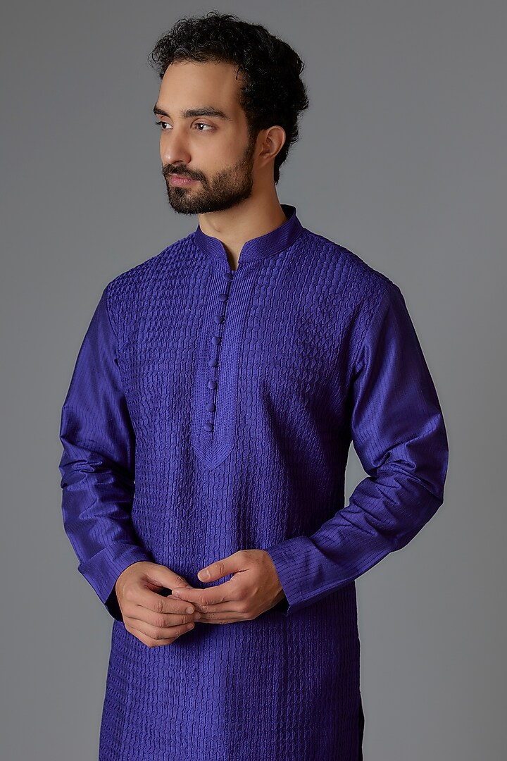 Blue Silk Blend Pintuck Kurta Set by Minaki Men at Pernia's Pop Up Shop