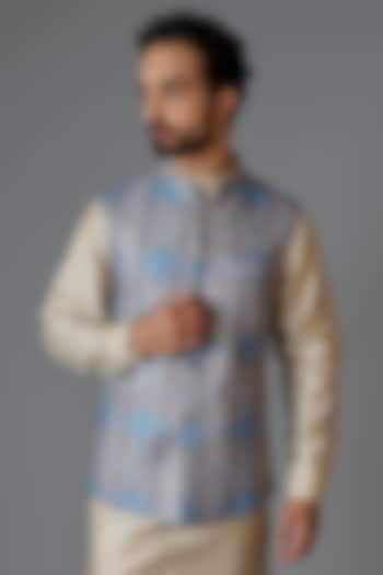 Blue Linen Printed Bundi Jacket by Minaki Men at Pernia's Pop Up Shop