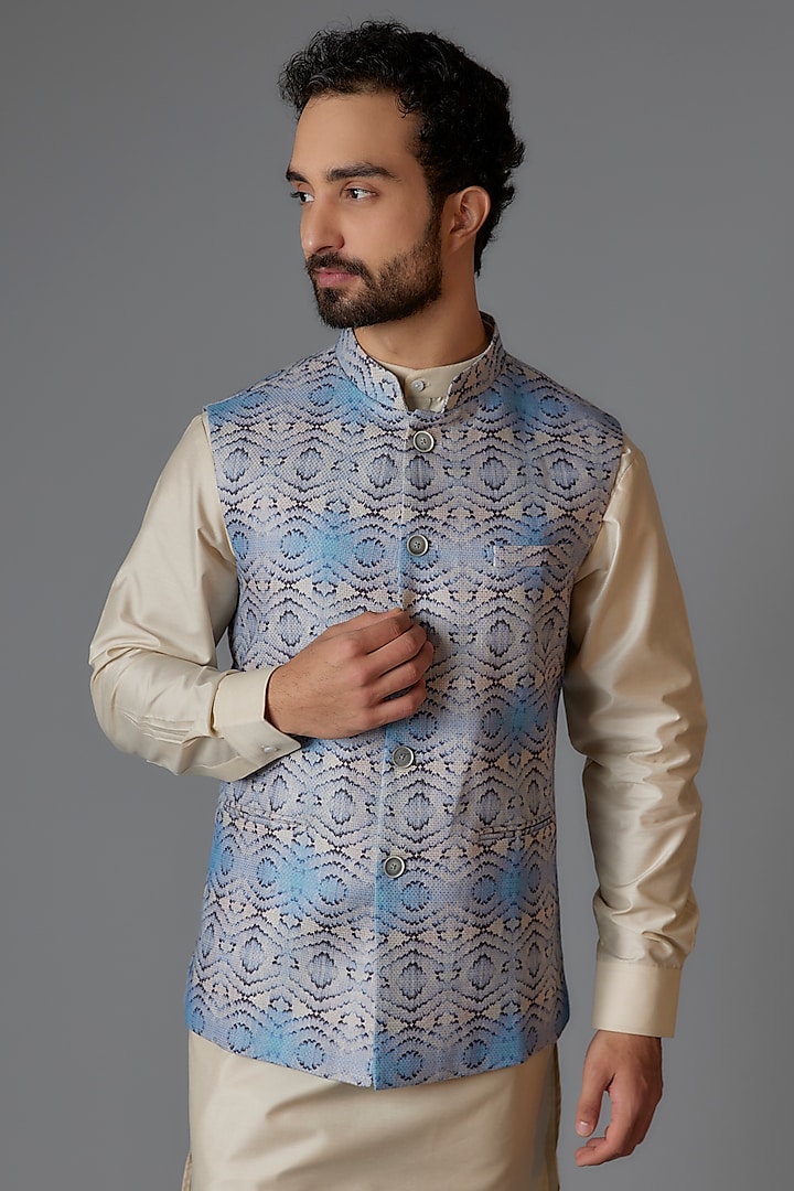 Blue Linen Printed Bundi Jacket by Minaki Men at Pernia's Pop Up Shop