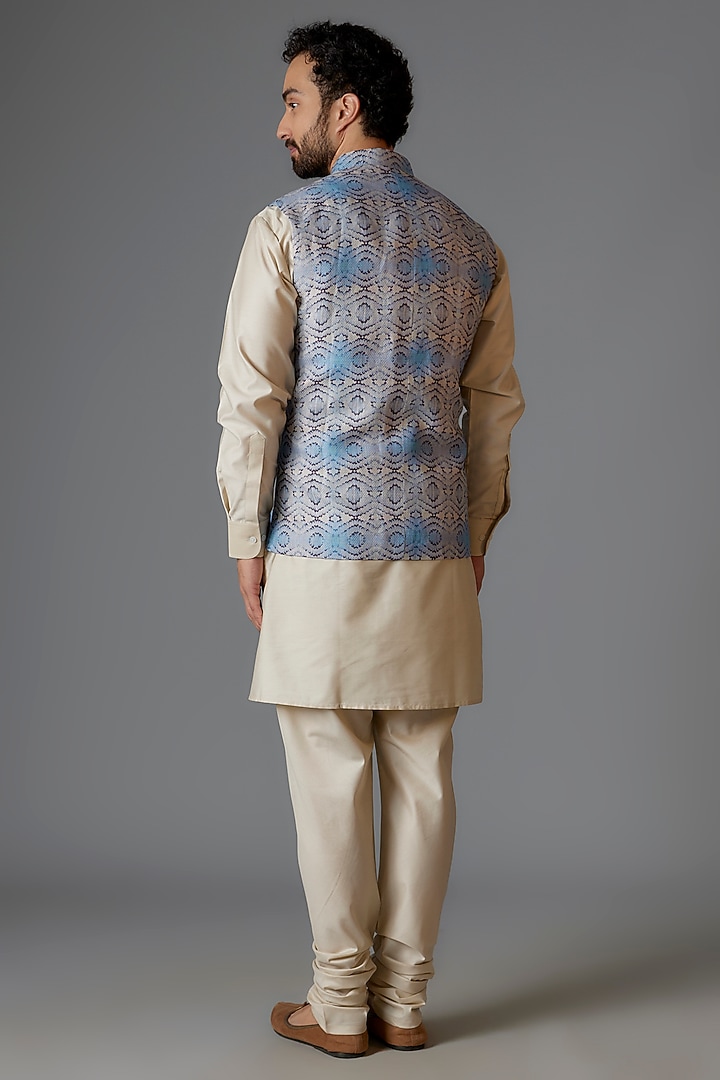 Blue Linen Printed Bundi Jacket by Minaki Men at Pernia's Pop Up Shop