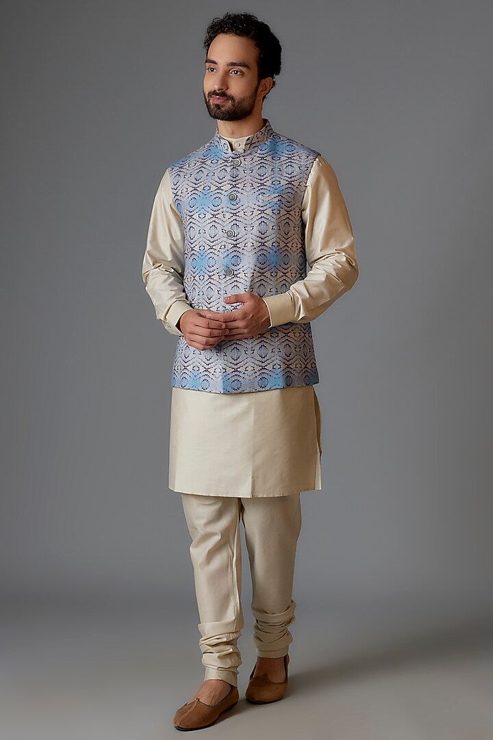 Blue Linen Printed Bundi Jacket by Minaki Men at Pernia's Pop Up Shop