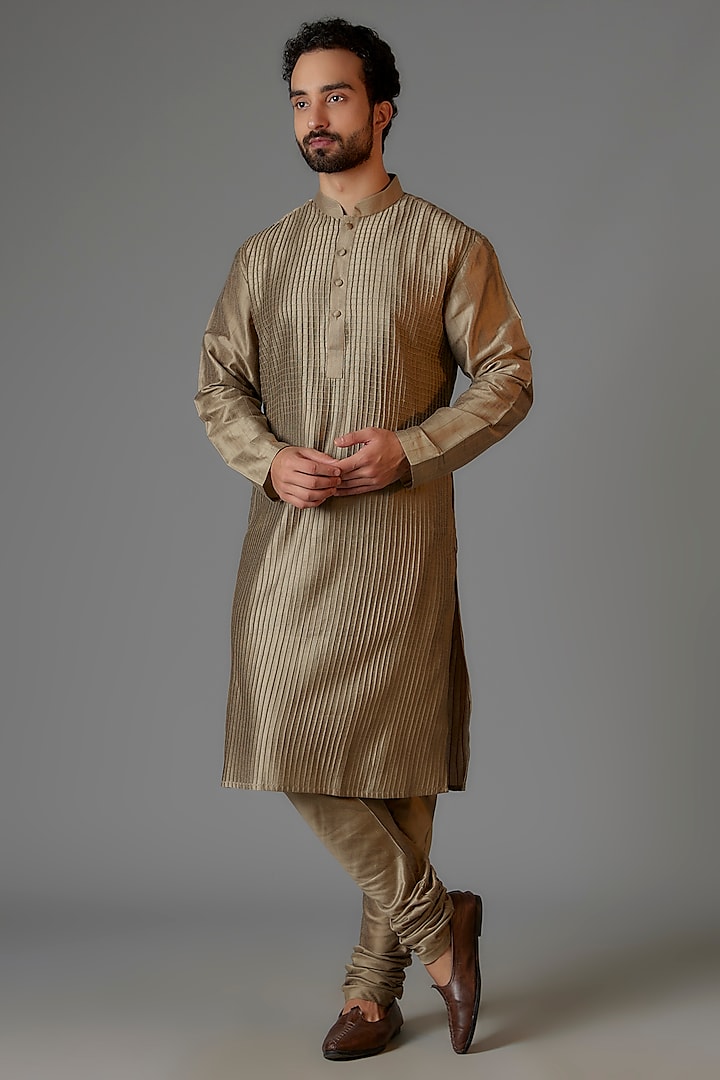 Brown Silk Blend Pintuck Kurta Set by Minaki Men